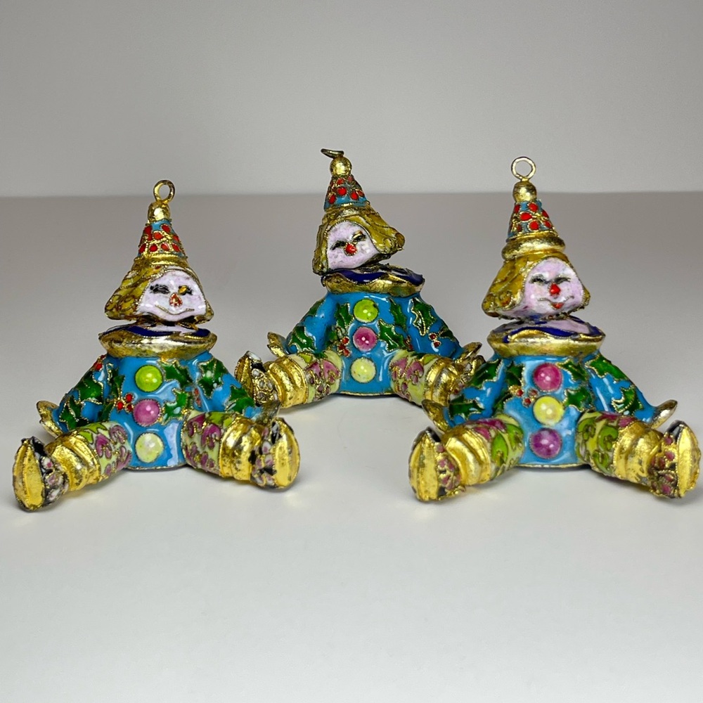 Vintage cloisonné clown ornaments, set of 3